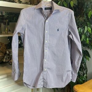 EUC Men’s Polo Ralph Lauren Purple/White Button Down Long Sleeve Shirt, 15